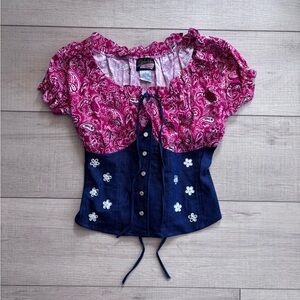Vintage Cowgirl Rodeo Chic Western Pink Paisley and Blue Denim Corset Top | M